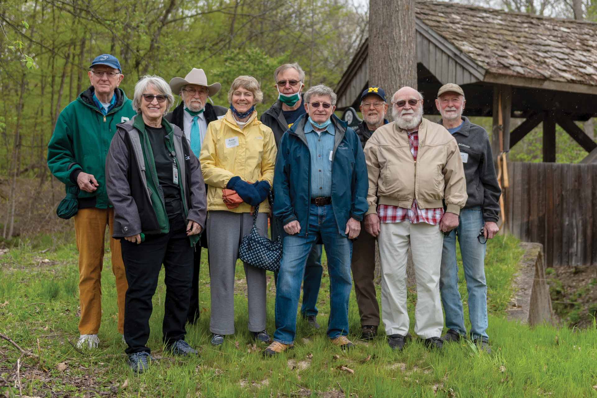 Retirees at covered bridge