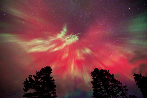 Red and green aurora overhead